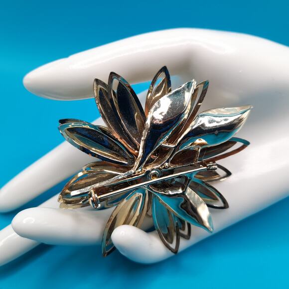 Vintage Gold Tone Flower Brooch, AB Rhinestone, 1960s, 2 3/8 Inch - Picture 3 of 10